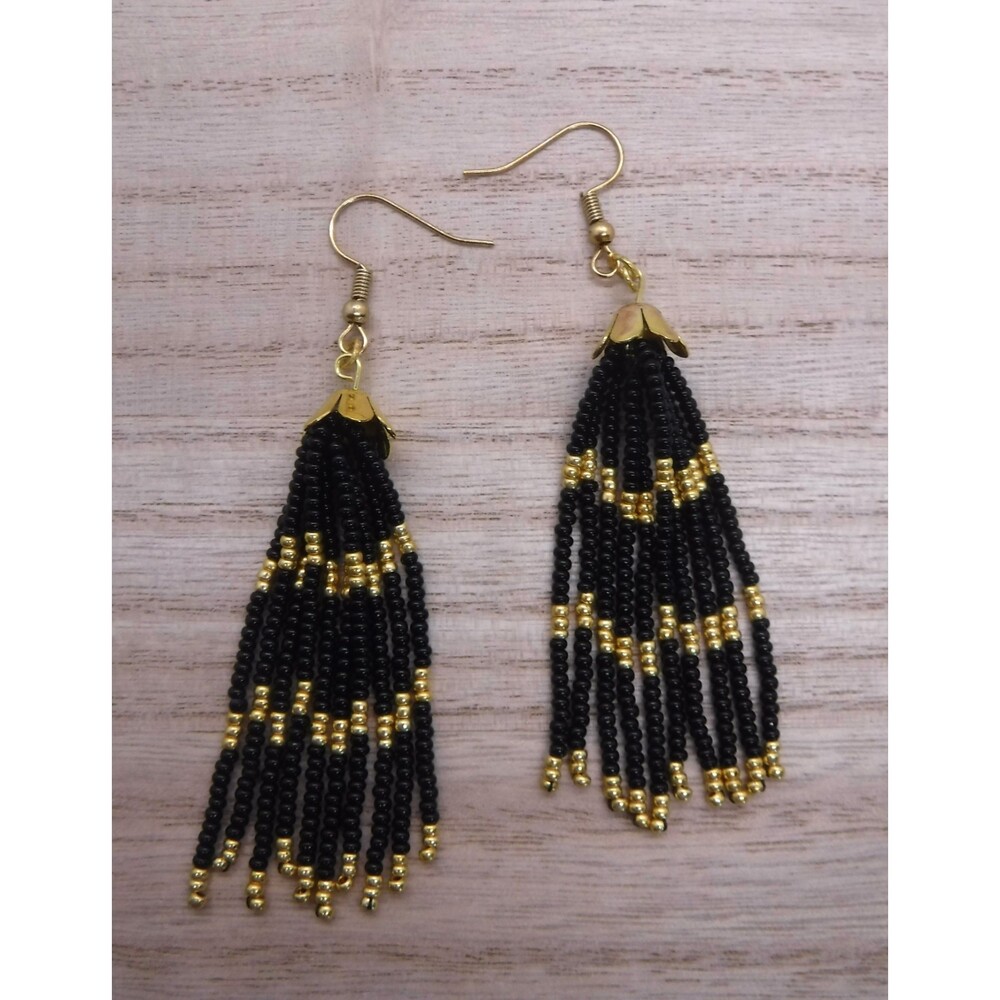 Earrings Beaded Gold & Black - Picture 2 of 3